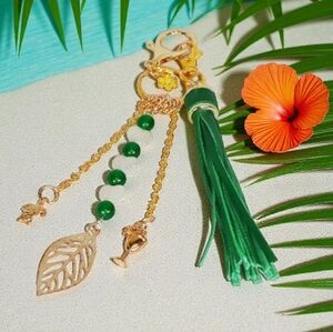 Gold Key Charm Tropical Vibes Purse Jewelry Green Tassel Green Jade Pearl Hearts